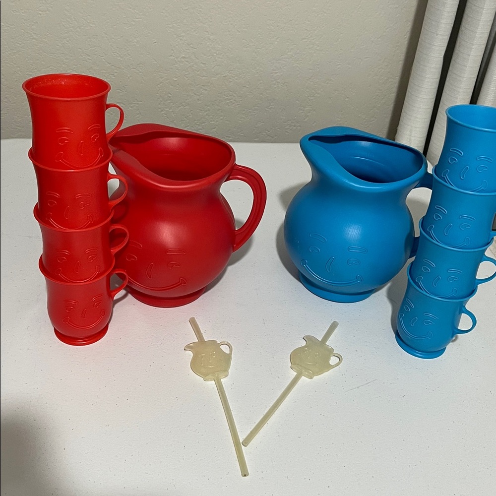 Kool -Aid Red and Blue Smiley Face Pitcher Sets with Cups